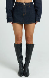 Mid Rise Denim Skort in Raw Denim Wash